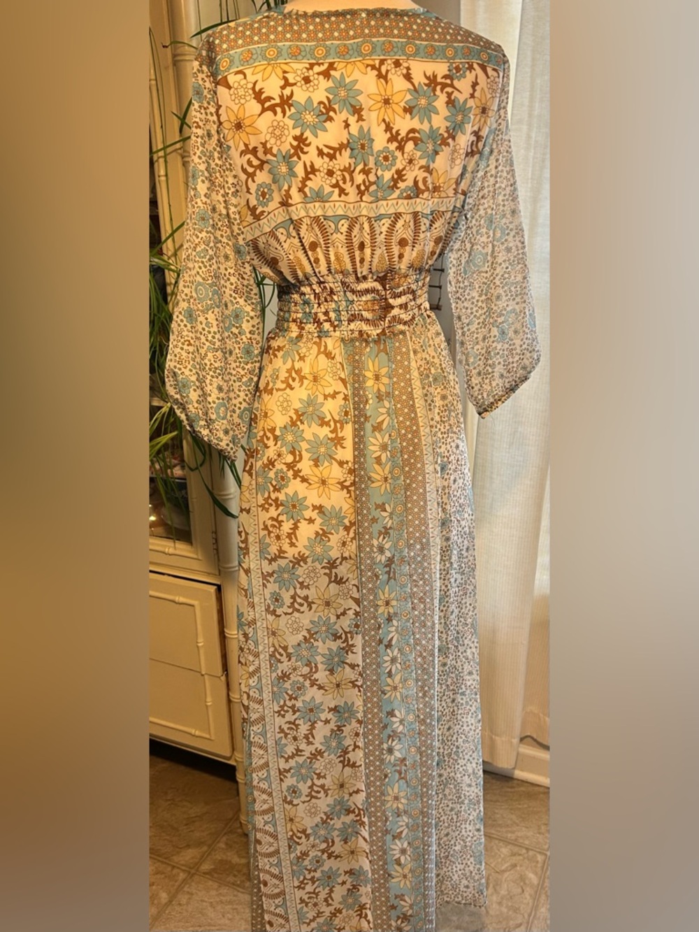 Boho V-Neck Floral Maxi Dress in Blue and Brown - Picture 2 of 10